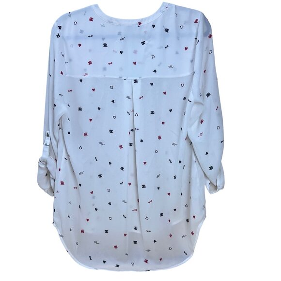 NWT Daniel Rainn Split Neck Blouse White Novelty Print Roll Tab Sleeve Women’s S - Picture 3 of 12